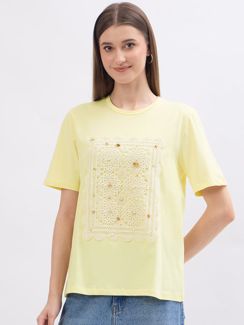 Madame Thread Embroidery Patchwork Yellow Cotton T-Shirt