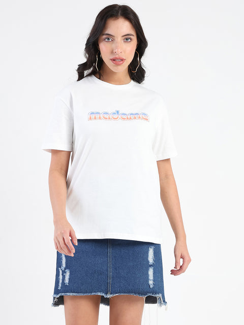 Madame Swarovski and Graphic Print White Cotton T-shirt