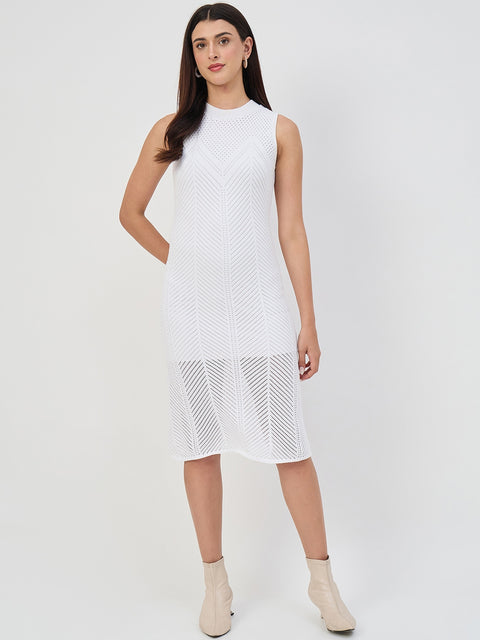 Madame White Cotton Knit Self-Design Bodycon Dress