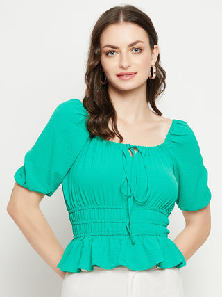 Madame Ruched Waist Tie-Front Green Peplum Top