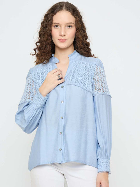 Madame Lace Detailed Pleated Front Powder Blue Top