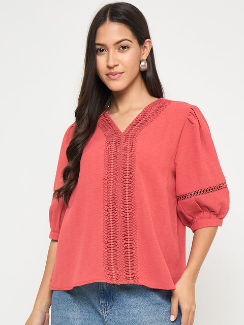 Madame Lace Detailed V-Neck Solid Red Knit Top