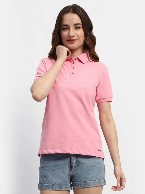 Madame Solid Pink Polo Neck T-Shirt