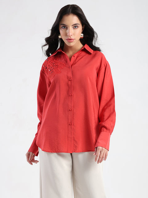 Madame Embellished Patch Red Nylon Blend Shirt