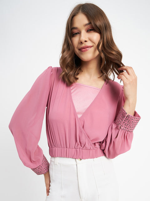 Madame Elasticated Hem Pink Wrap Crop Top