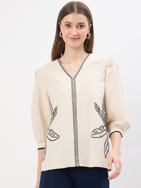 Madame Embroidery Beige Cotton Blend Top