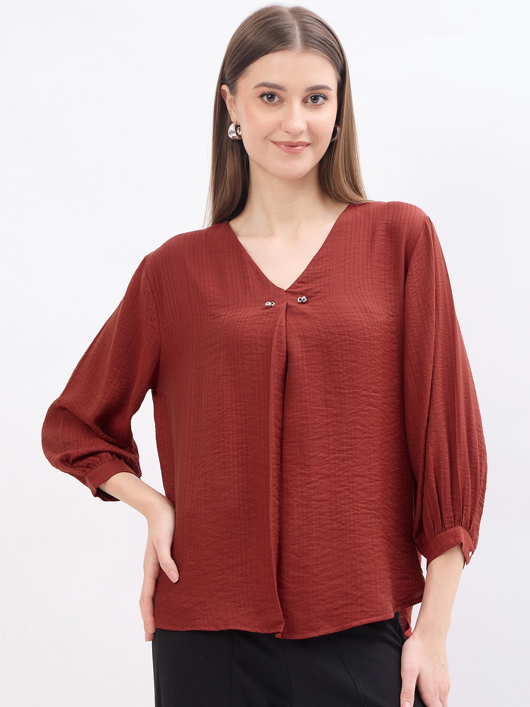 Madame Textured Rust Viscose Blend Top color swatch