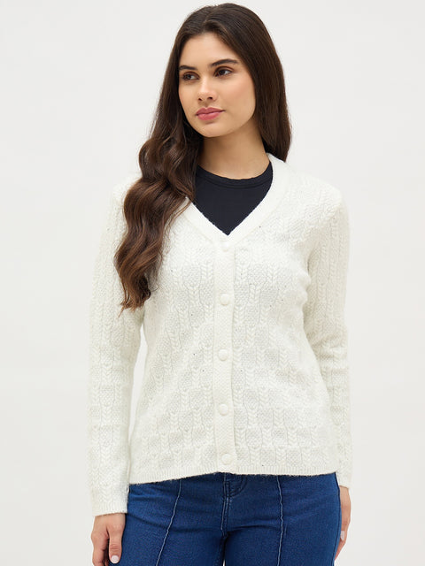 Madame White Self Design Cardigan