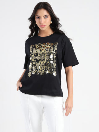 Madame Front Embellished Solid Black Cotton T-shirt