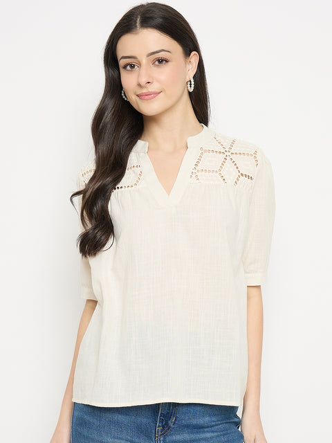 Madame Off White Cotton Schiffli Top