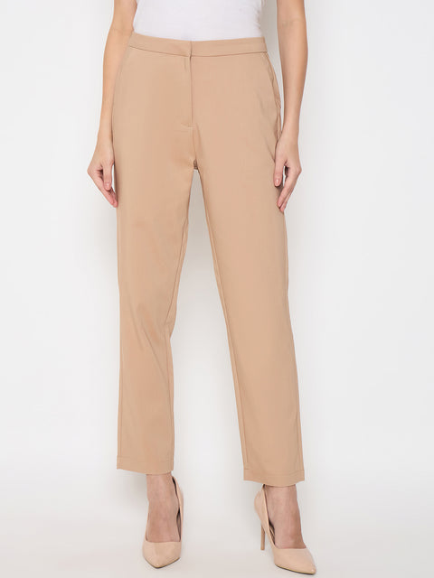 Madame Alex Waist Belt Detail Solid Beige Trousers