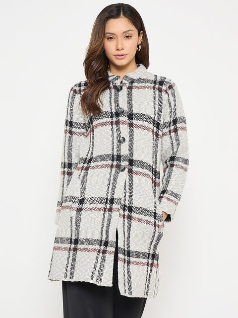 Madame Plaid Print Grey Long Cardigan