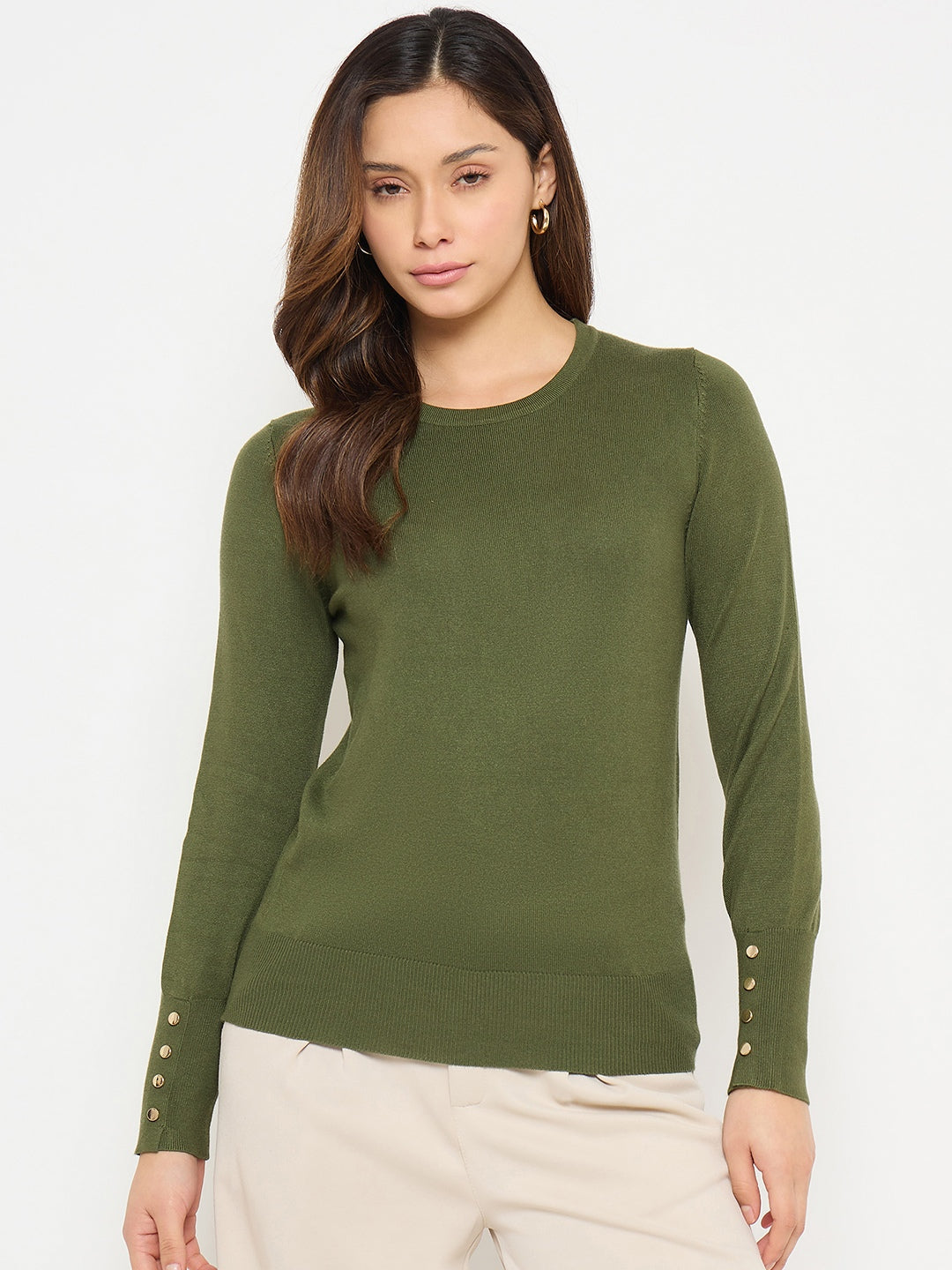 Madame Olive Green Round Neck Sweater with Cuff Sleeves color swatch