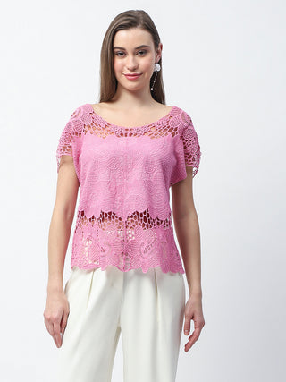 Madame Floral Crochet Pink Cotton Lace Top
