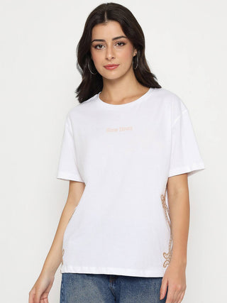 Madame Embroidered Half Sleeve White Cotton T-shirt