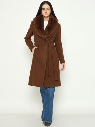 Madame Brown Long Coat with Faux Fur Shawl Collar and Belt