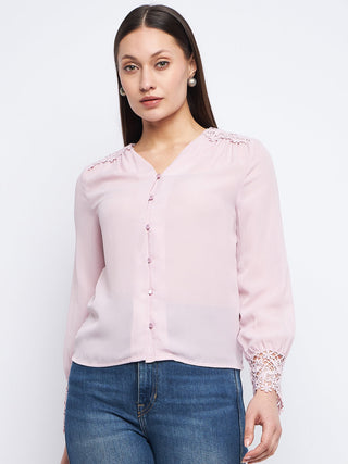 Madame Lace Detailed Onion Pink V-Neck Shirt