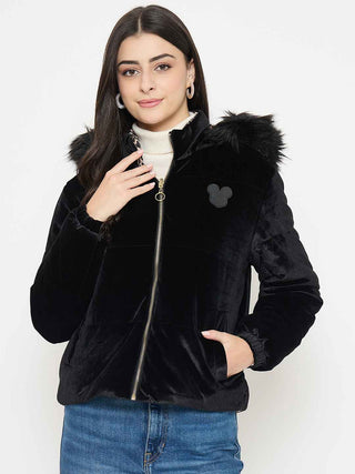 Madame Disney Printed Hooded Zip Up Black Jacket