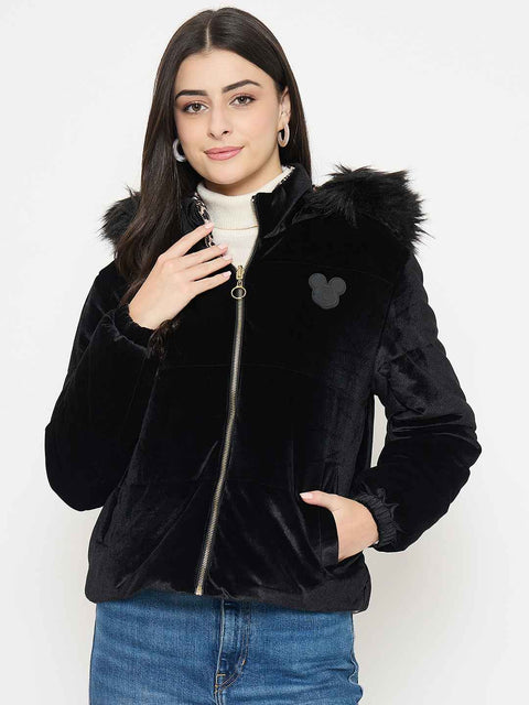 Madame Disney Printed Hooded Zip Up Black Jacket