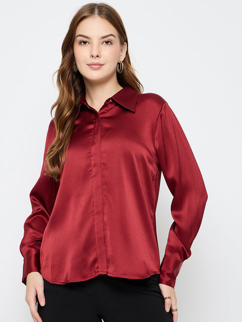 Madame Solid Red Satin Shirt