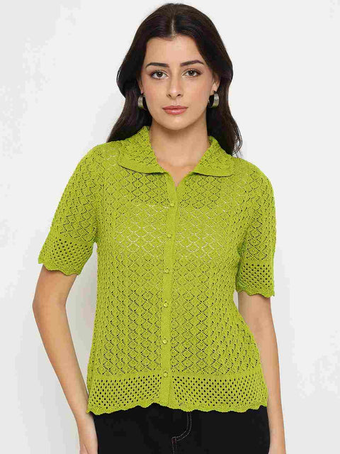 Madame Scalloped Hem Mehendi Green Knitted Polo Top