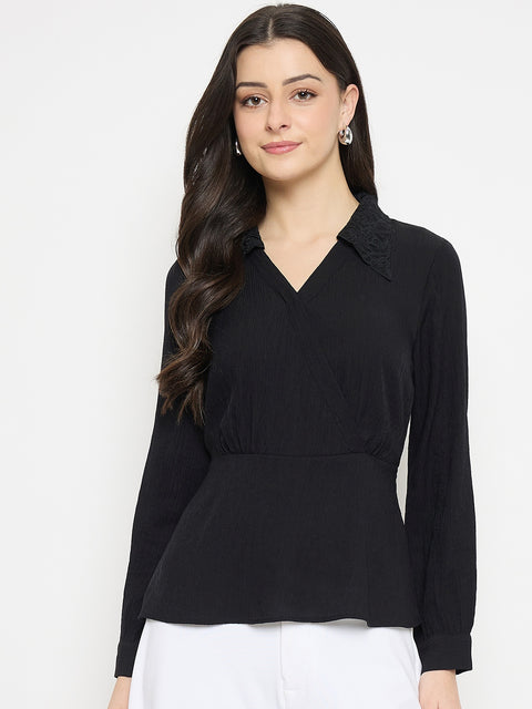 Madame Black Rayon Blend Peplum Shirt Top