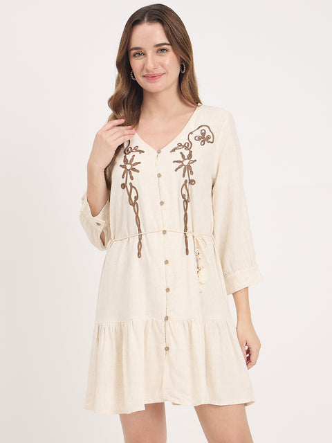 Madame Beige Embroidered Rayon Linen Puff Sleeve Midi Dress