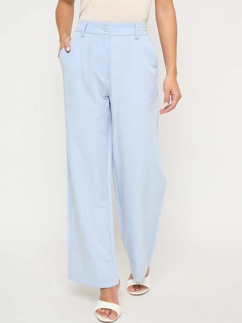Madame Solid Sky Blue Straight Fit Trousers