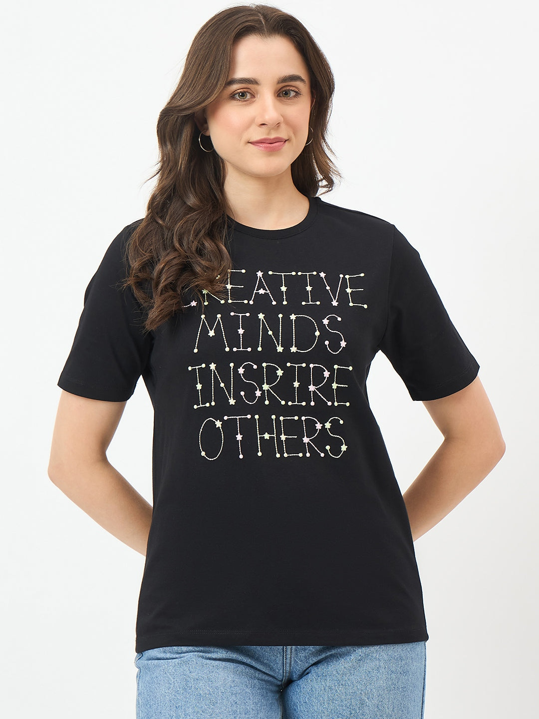 Madame Black Printed Cotton Half-Sleeve T-Shirt color swatch