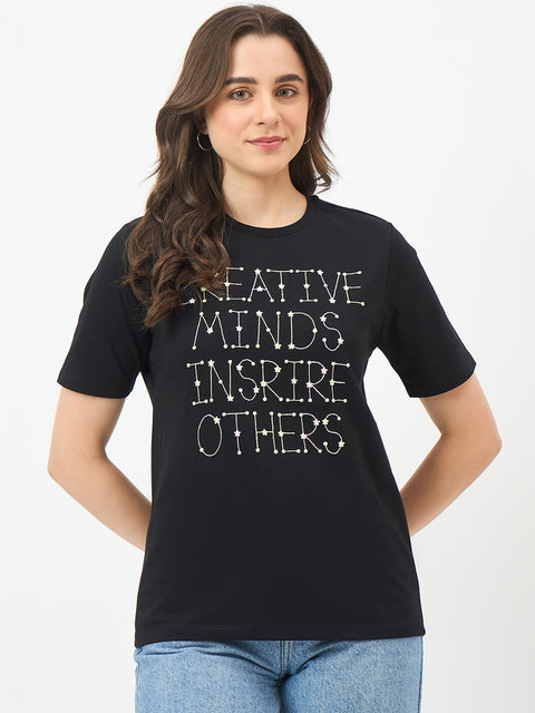 Madame Black Printed Cotton Half-Sleeve T-Shirt