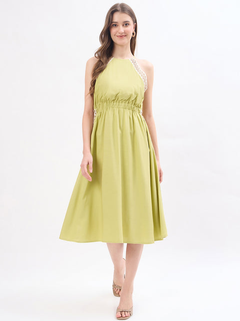Madame Embroidery Trim Cinched Flare Viscose Dress