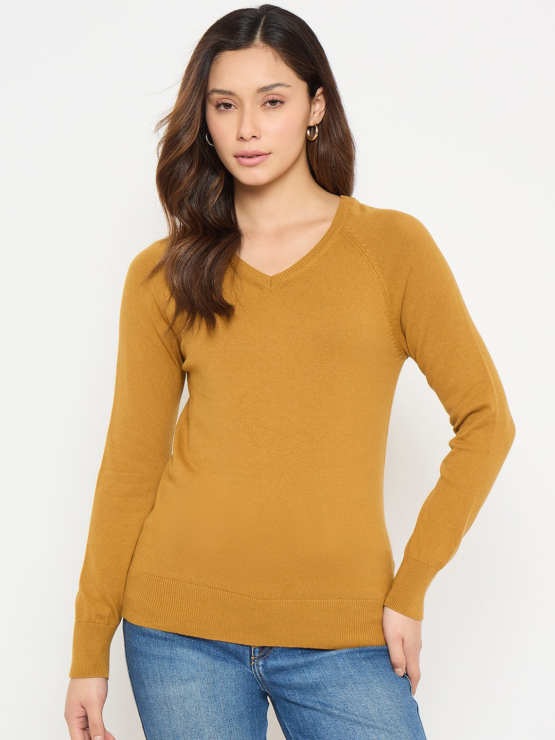 Madame V Neck Mustard Yellow Solid Sweater color swatch