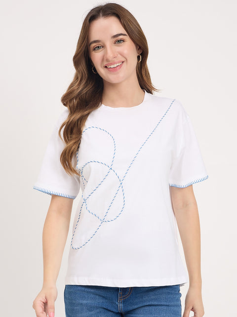 Madame White Embroidered Cotton Round Neck T-Shirt