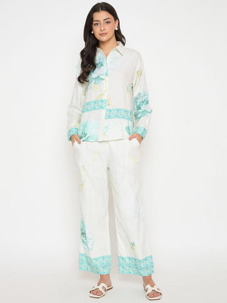 Madame Floral Print Top and Bottom Sea Green Cotton Co-ord Set