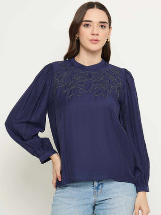 Madame Blue Rayon Blend Puff Sleeve Top