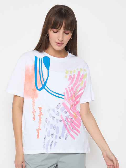 Madame Handwork Detail with Graphic Print White T-shirt