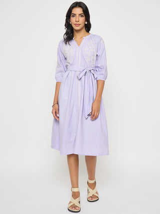 Madame Embroidered Belted A Line Midi Mauve Dress