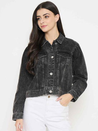 Madame Gray Wash Embellished Black Denim Jacket