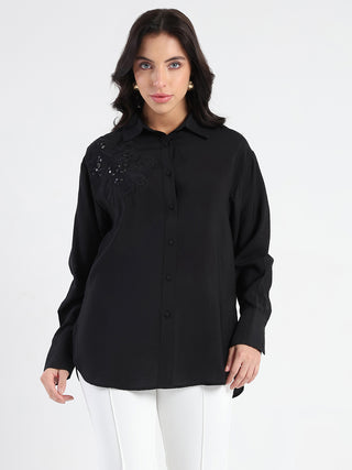 Madame Crushed Tissue Embroidered Black Shirt