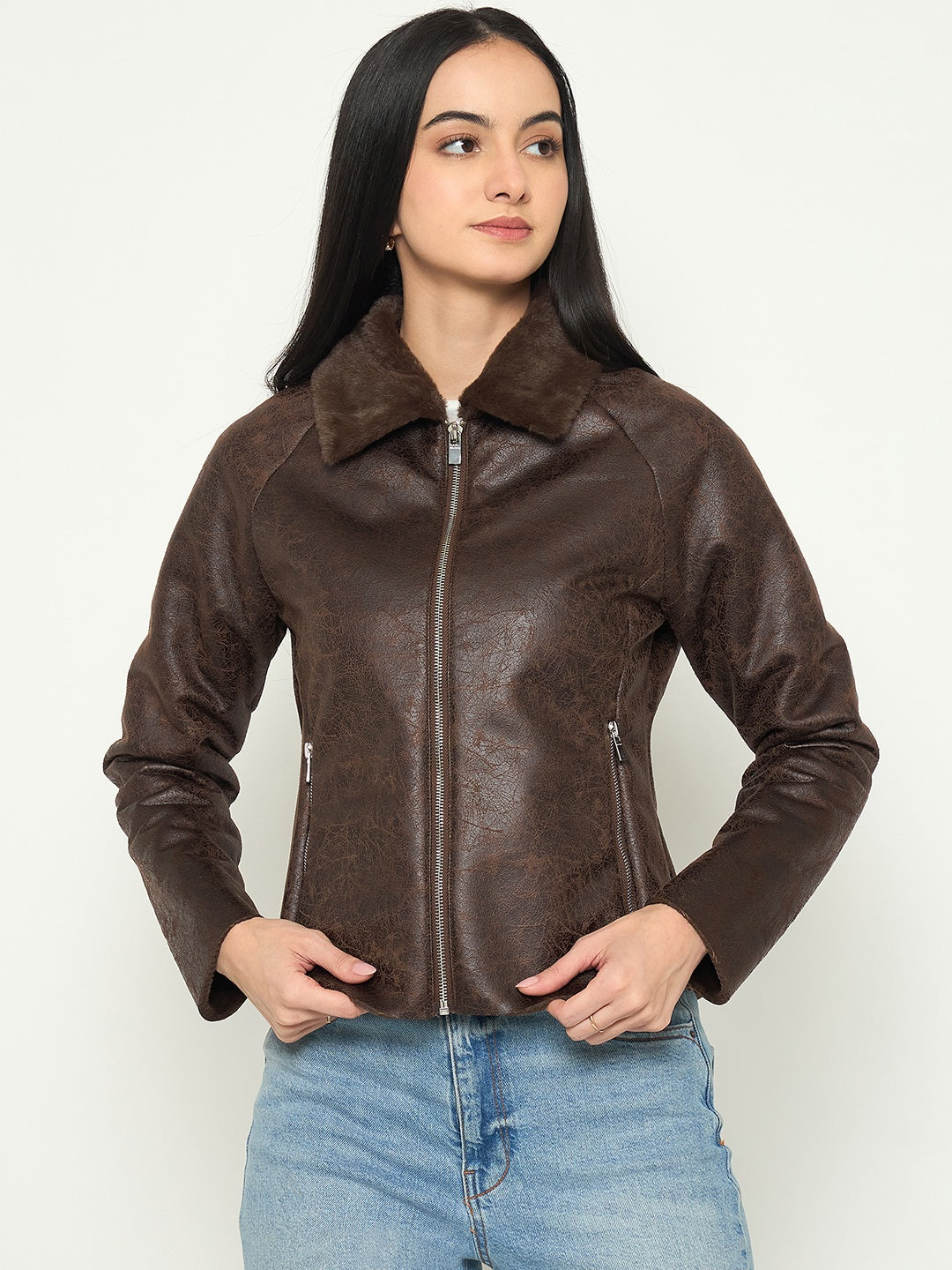 Madame Faux Fur Collar Brown PU Jacket color swatch