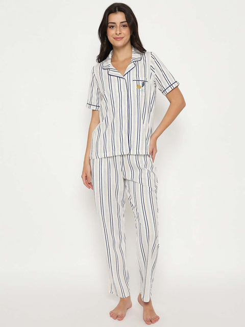 mSECRET Striped Top and Bottom Off-White Cotton Night Suit