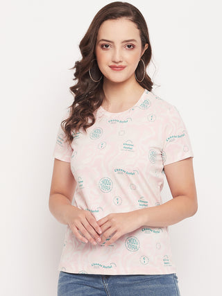 Madame Peach Round Neck Printed Cotton T-Shirt