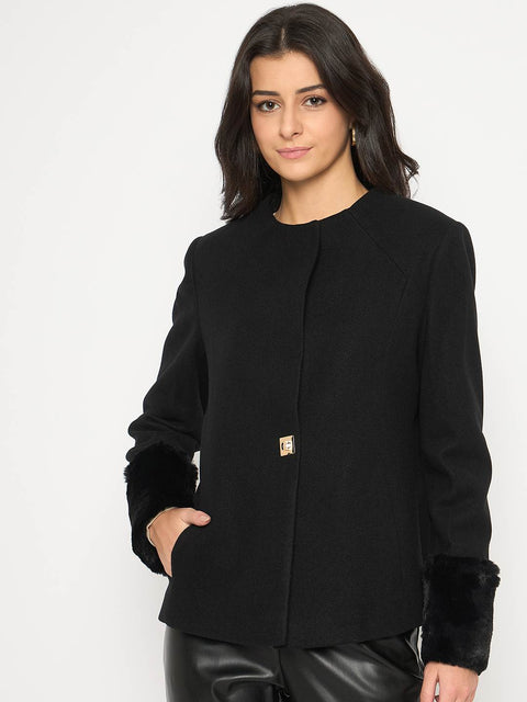 Madame Front Pocketed Round Neck Black Short Coat