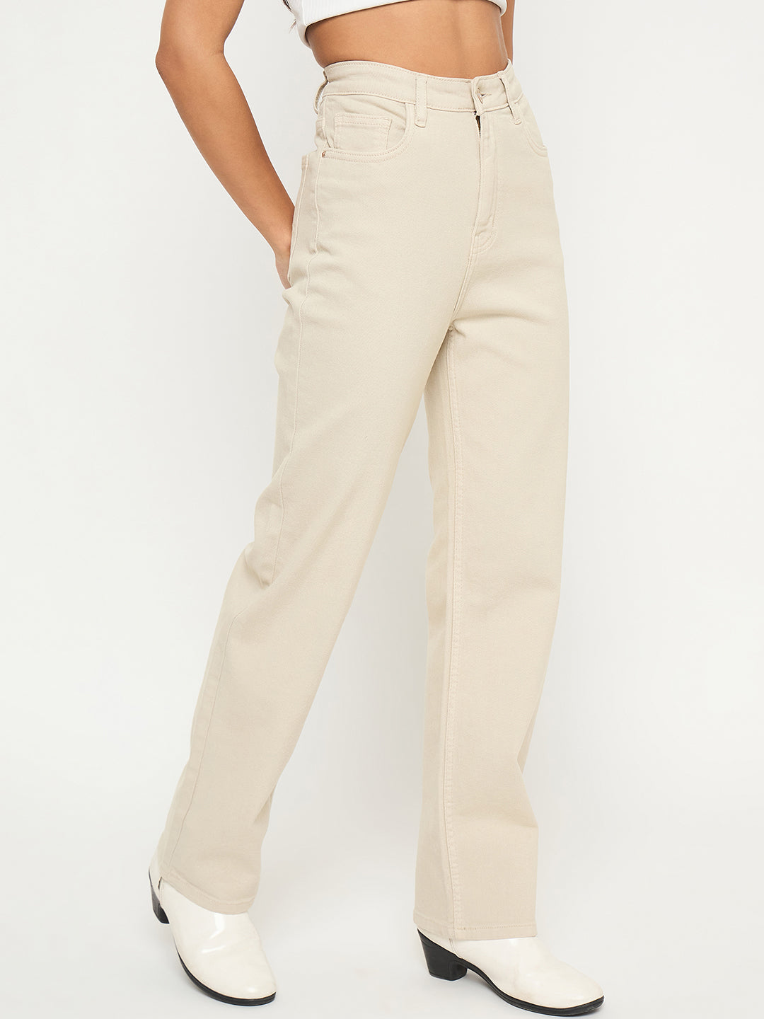 Madame Straight Fit Cotton Blend Solid Beige Jeans