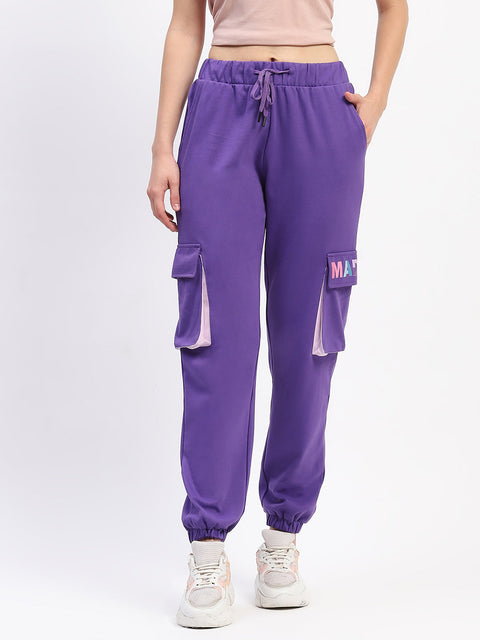 Madame Purple Cotton Joggers with Elastic Waist and Flap Pockets