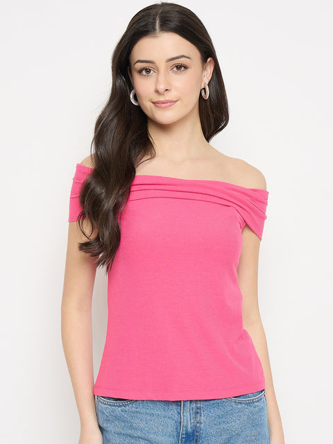 Madame Hot Pink Rayon Blend Off-Sleeve Top