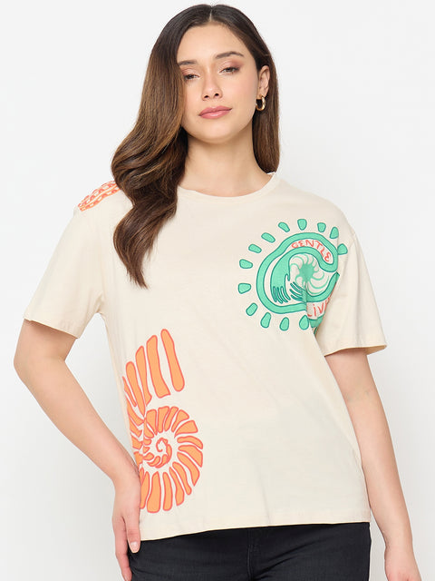 Madame Beige Printed Cotton Round Neck T-shirt