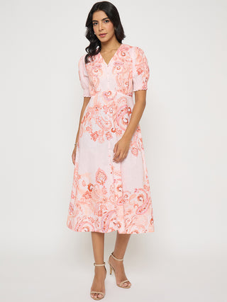 Madame Paisley Print Peach Midi A Line Dress