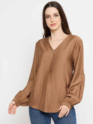 Madame Gold Button Detail Chocolate Brown Top