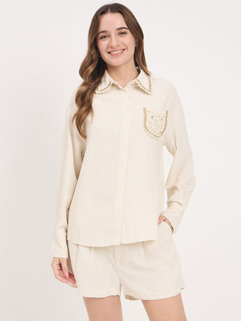 Madame Off White Embroidery Patch Rayon Linen Full Sleeve Shirt